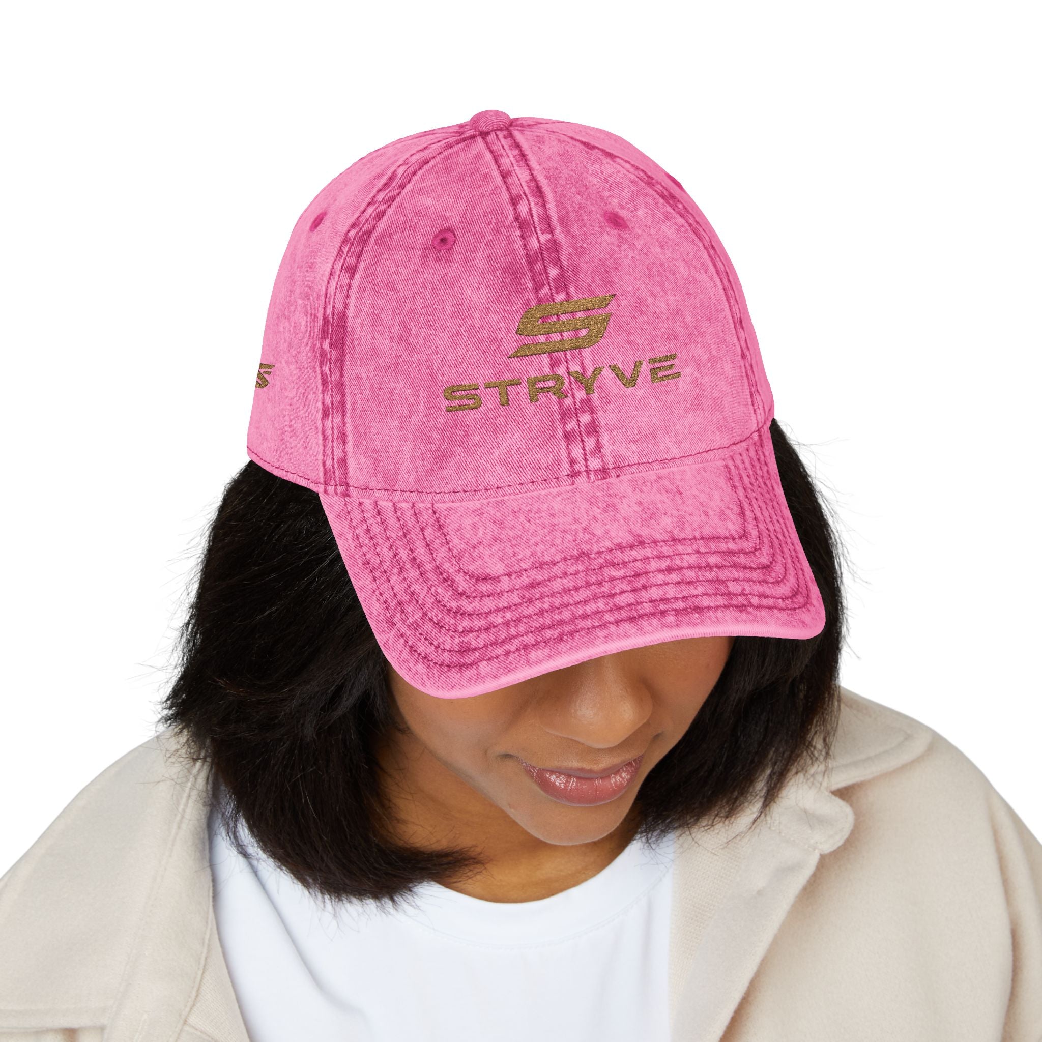 Vintage Embroidered Cap – Distressed Red Baseball Hat with Gold 'STRYVZ' Logo