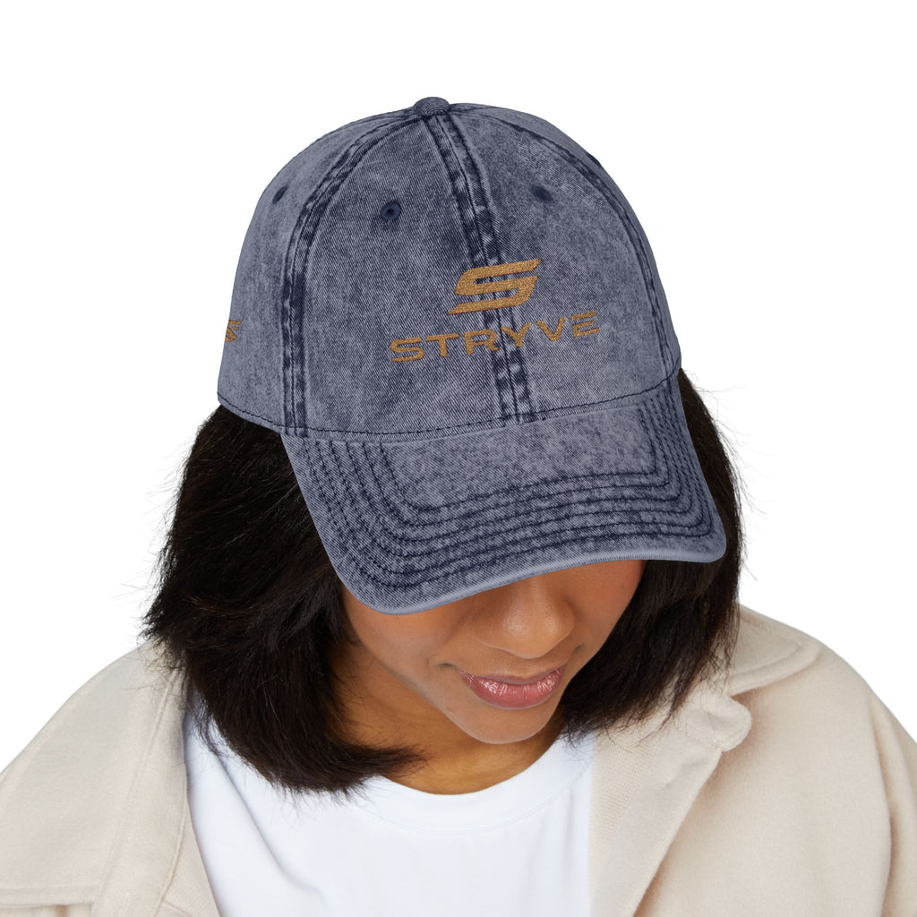 Vintage Embroidered Cap – Distressed Red Baseball Hat with Gold 'STRYVZ' Logo