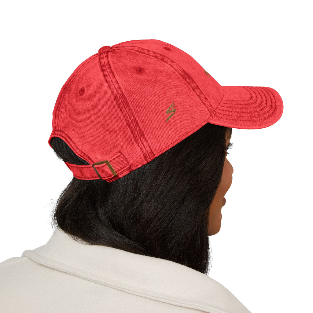Vintage Embroidered Cap – Distressed Red Baseball Hat with Gold 'STRYVZ' Logo