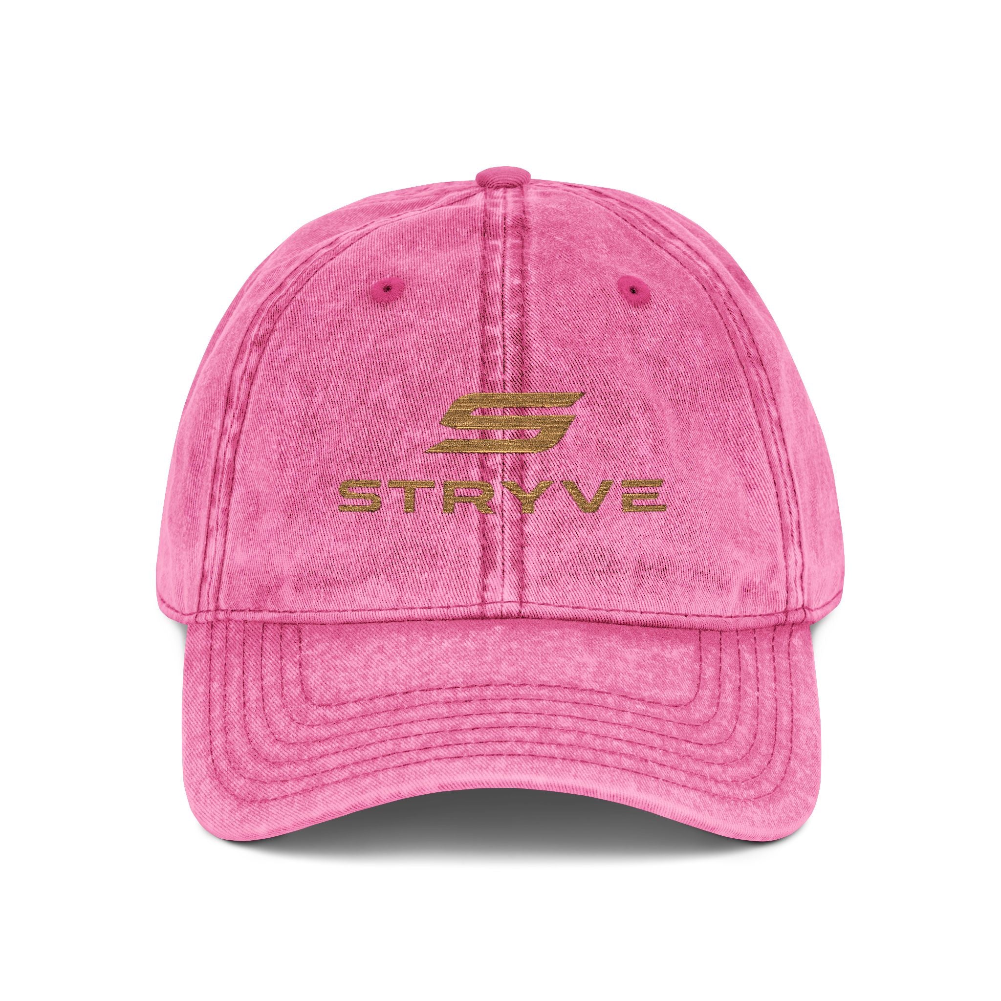 Vintage Embroidered Cap – Distressed Red Baseball Hat with Gold 'STRYVZ' Logo