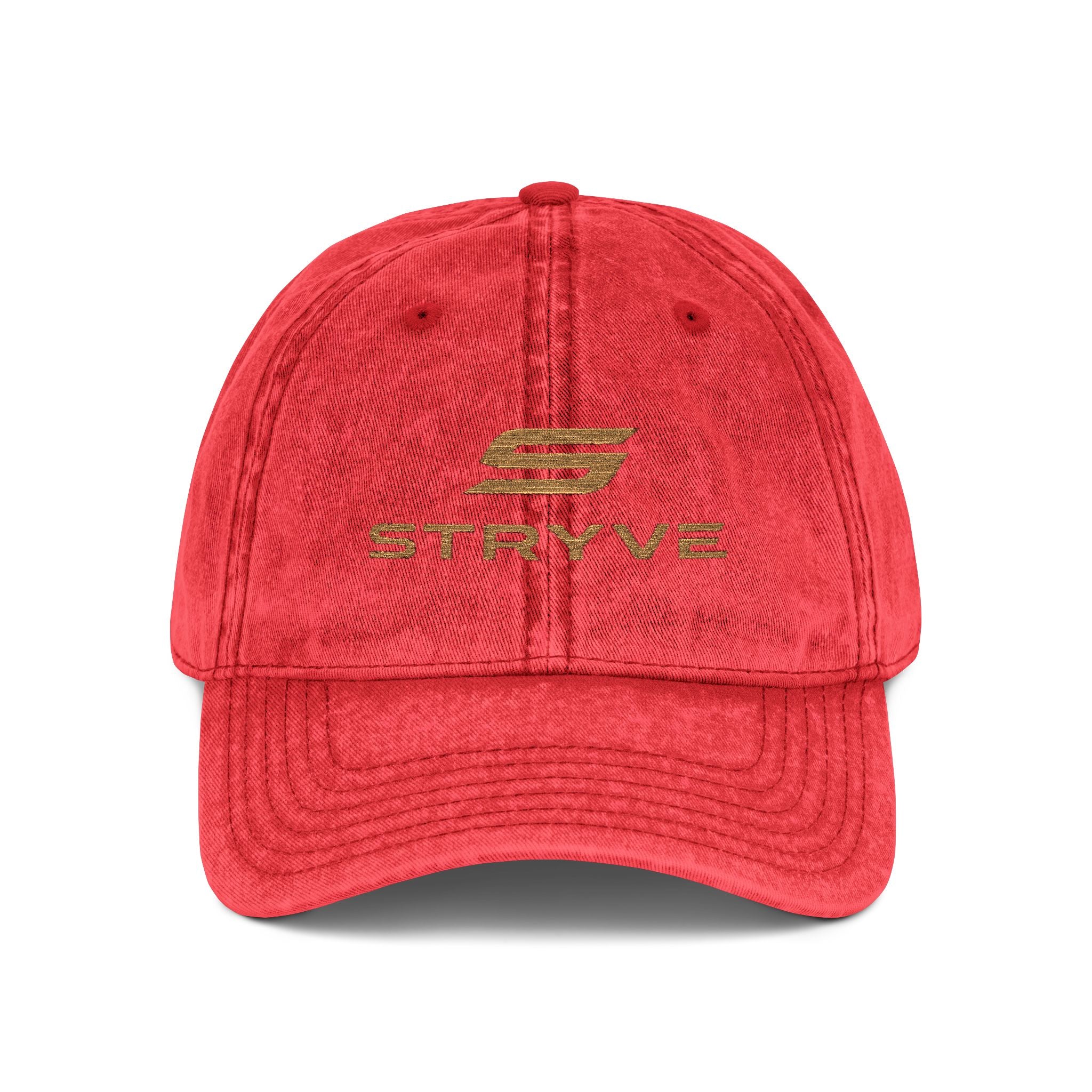 Vintage Embroidered Cap – Distressed Red Baseball Hat with Gold 'STRYVZ' Logo