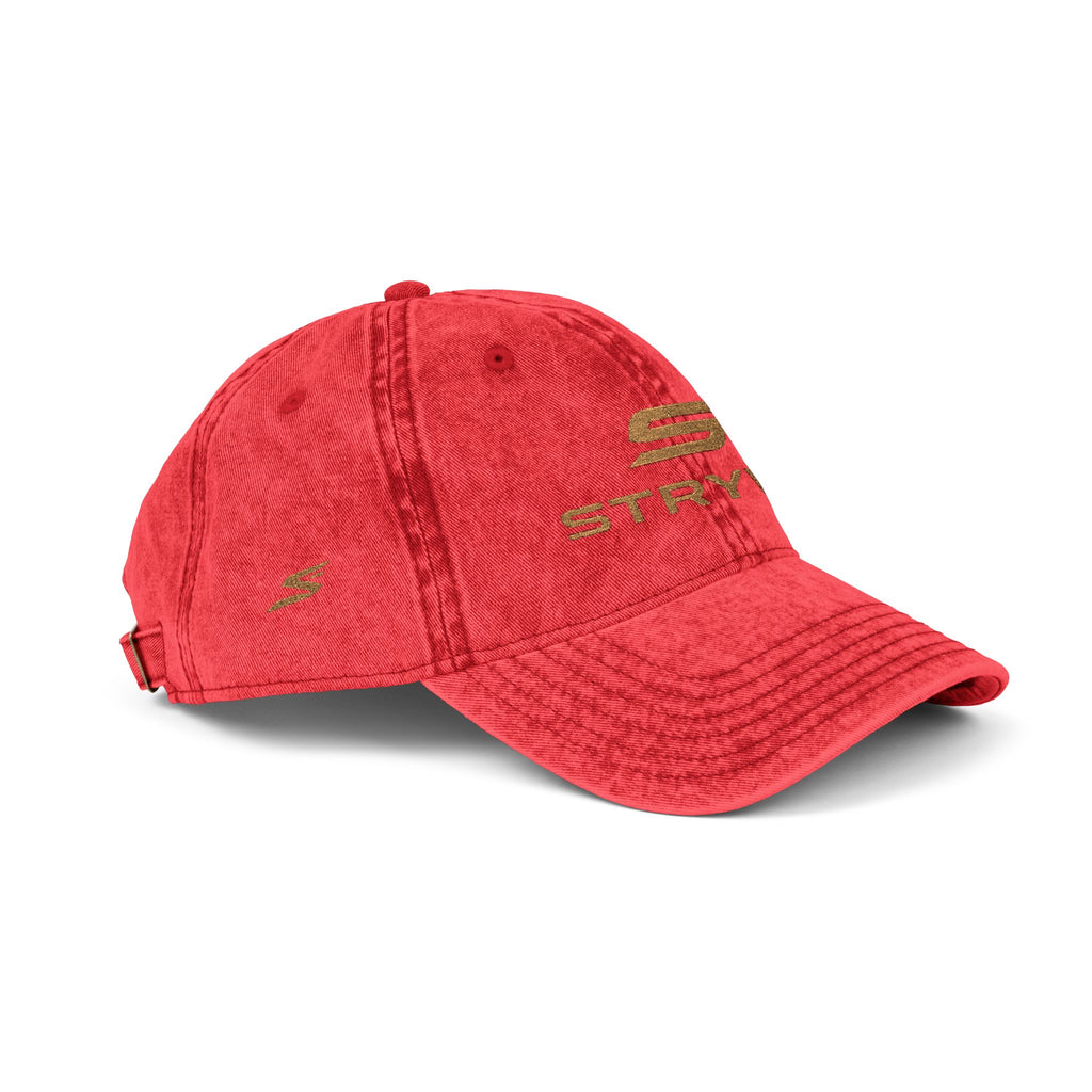 Vintage Embroidered Cap – Distressed Red Baseball Hat with Gold 'STRYVZ' Logo