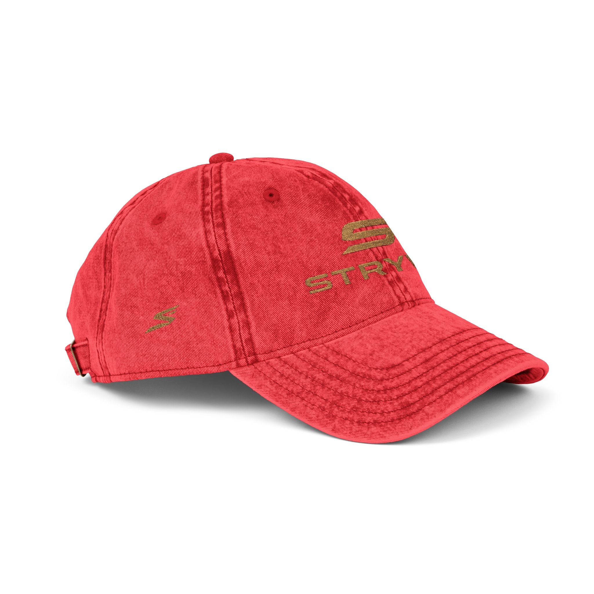 Vintage Embroidered Cap – Distressed Red Baseball Hat with Gold 'STRYVZ' Logo