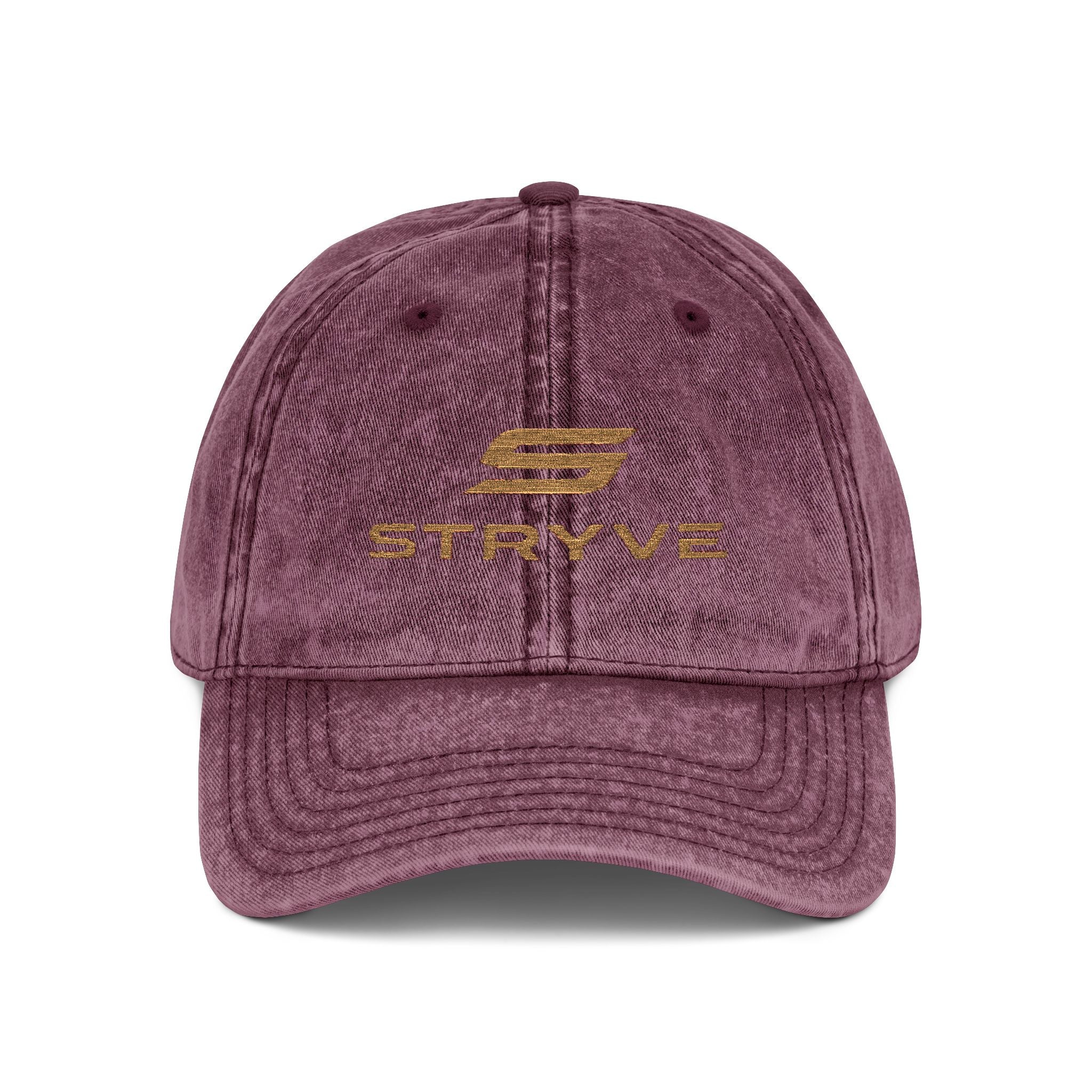 Vintage Embroidered Cap – Distressed Red Baseball Hat with Gold 'STRYVZ' Logo