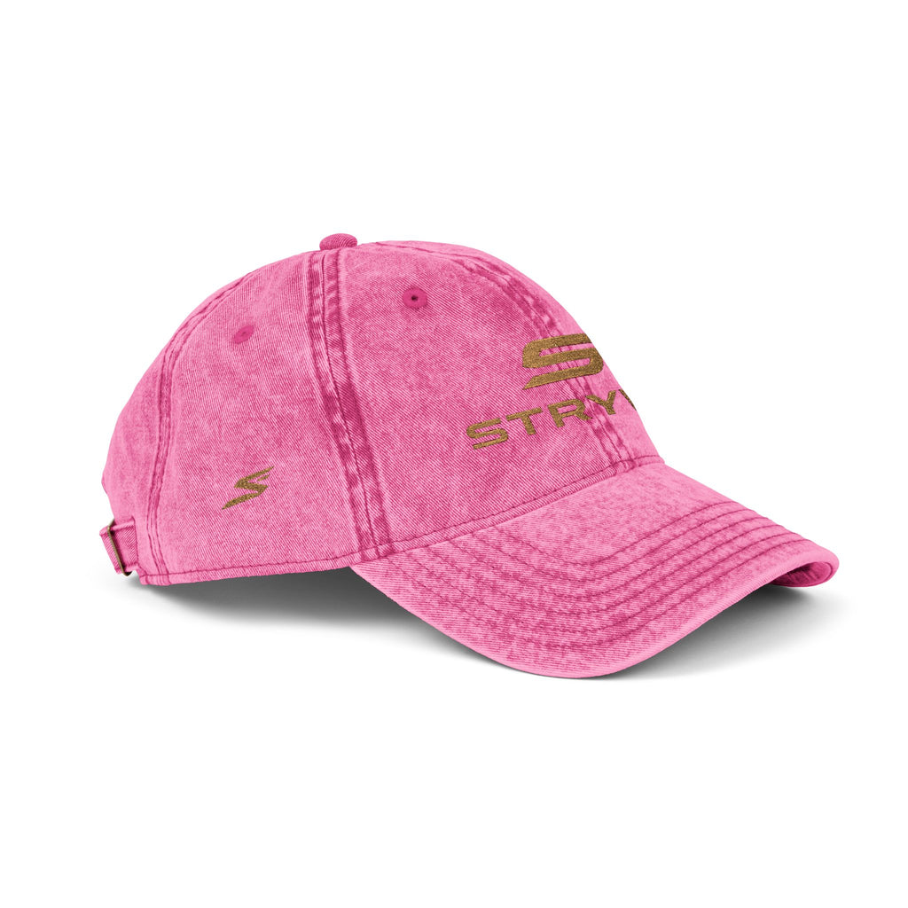 Vintage Embroidered Cap – Distressed Red Baseball Hat with Gold 'STRYVZ' Logo