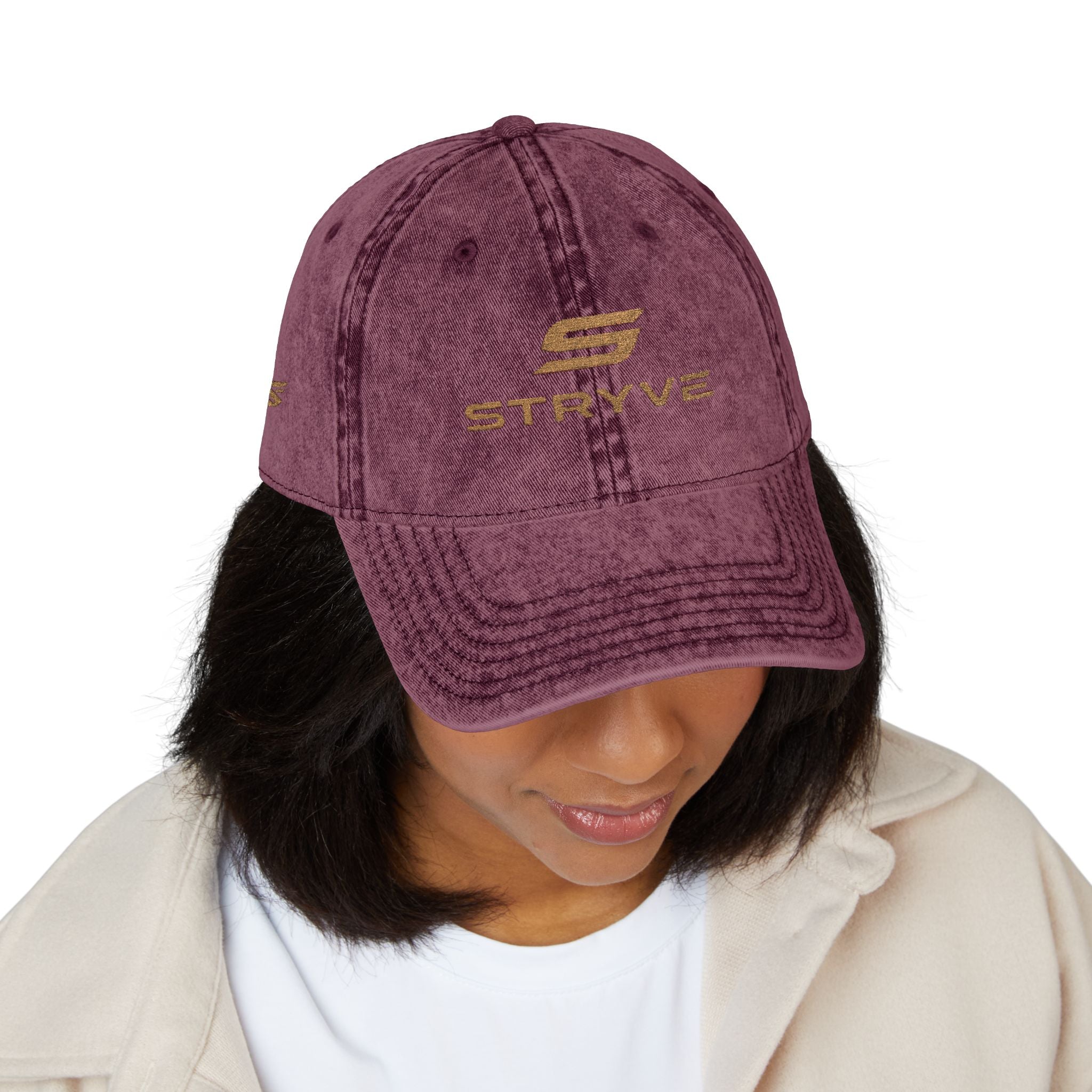 Vintage Embroidered Cap – Distressed Red Baseball Hat with Gold 'STRYVZ' Logo