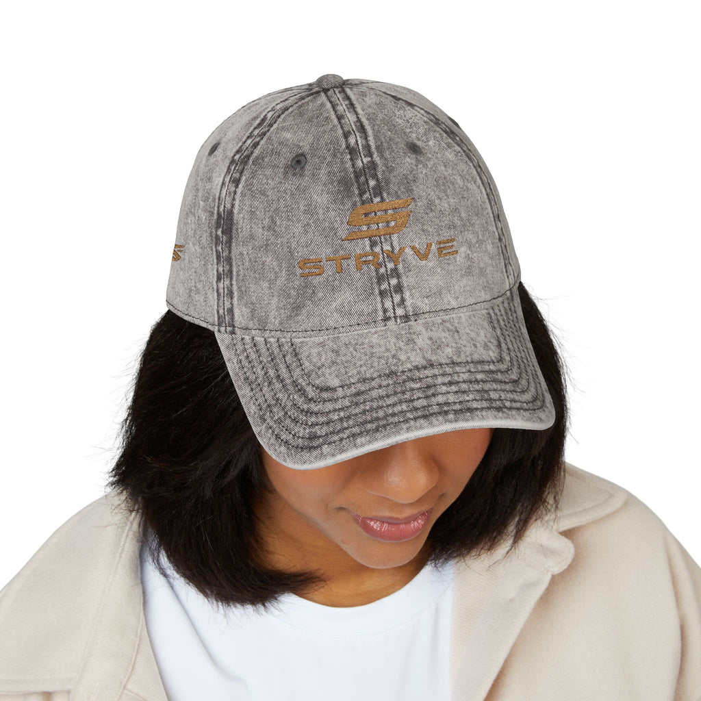 Vintage Embroidered Cap – Distressed Red Baseball Hat with Gold 'STRYVZ' Logo