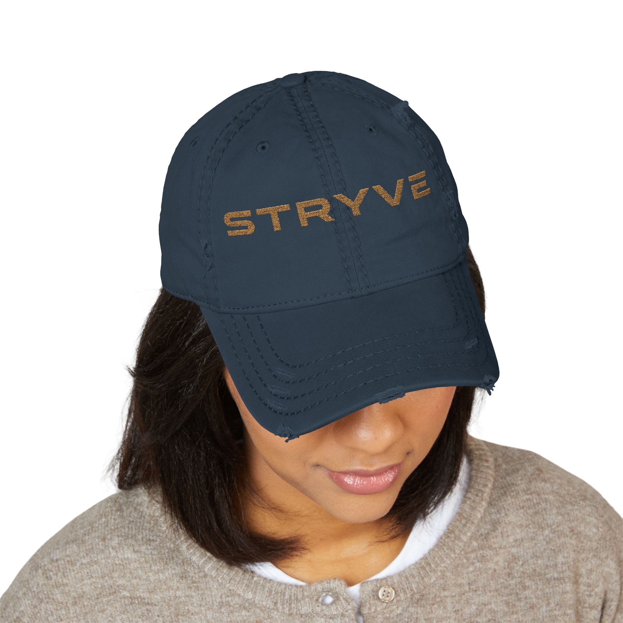 Distressed Embroidered 'STRYVE' Dad Hat — Vintage Washed Baseball Cap