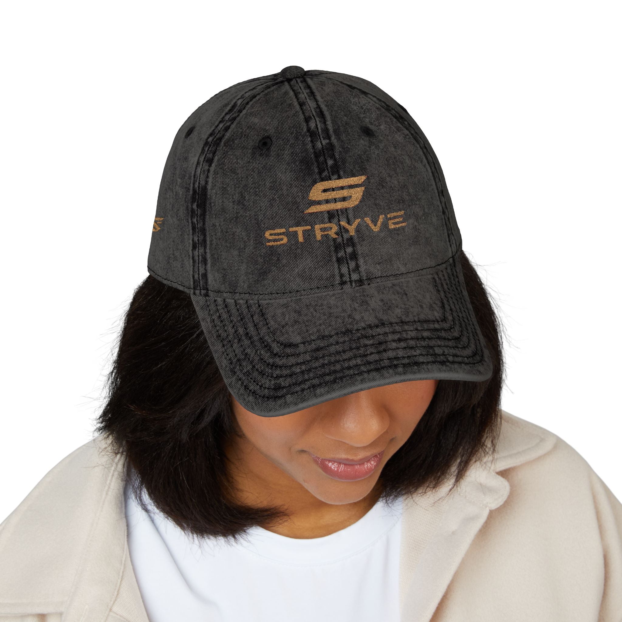Vintage Embroidered Cap – Distressed Red Baseball Hat with Gold 'STRYVZ' Logo