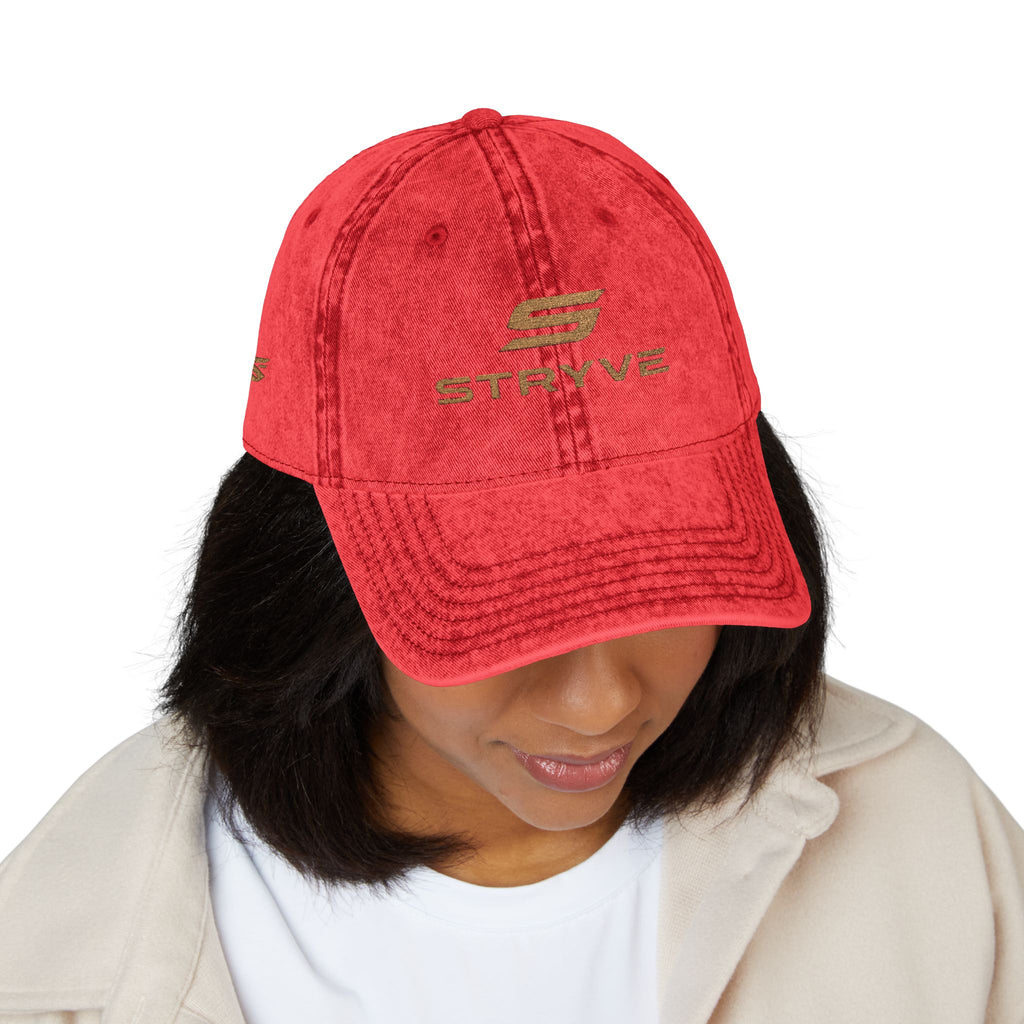 Vintage Embroidered Cap – Distressed Red Baseball Hat with Gold 'STRYVZ' Logo