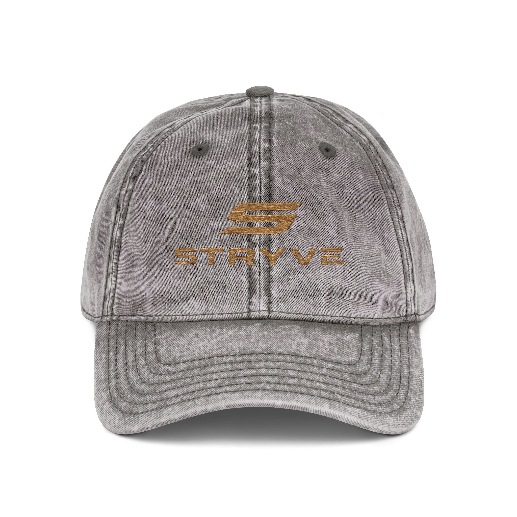 Vintage Embroidered Cap – Distressed Red Baseball Hat with Gold 'STRYVZ' Logo