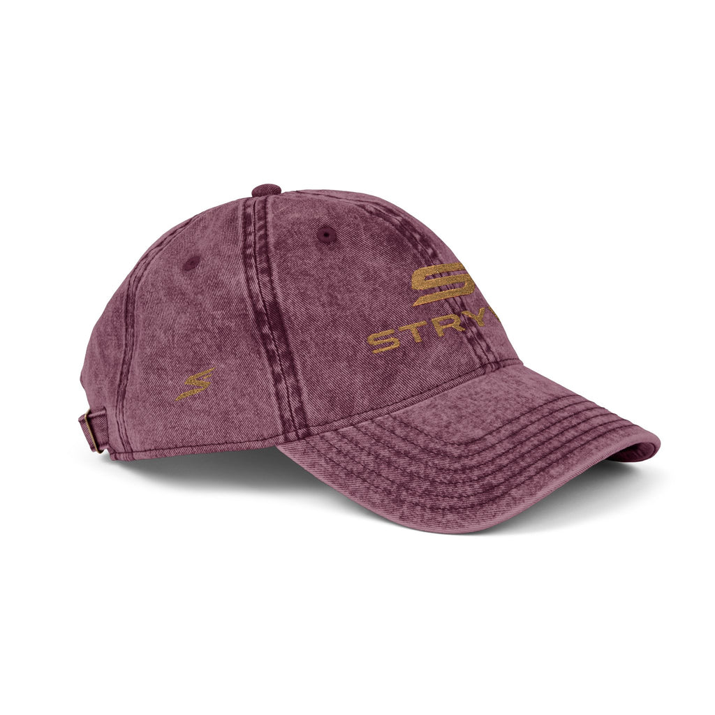 Vintage Embroidered Cap – Distressed Red Baseball Hat with Gold 'STRYVZ' Logo