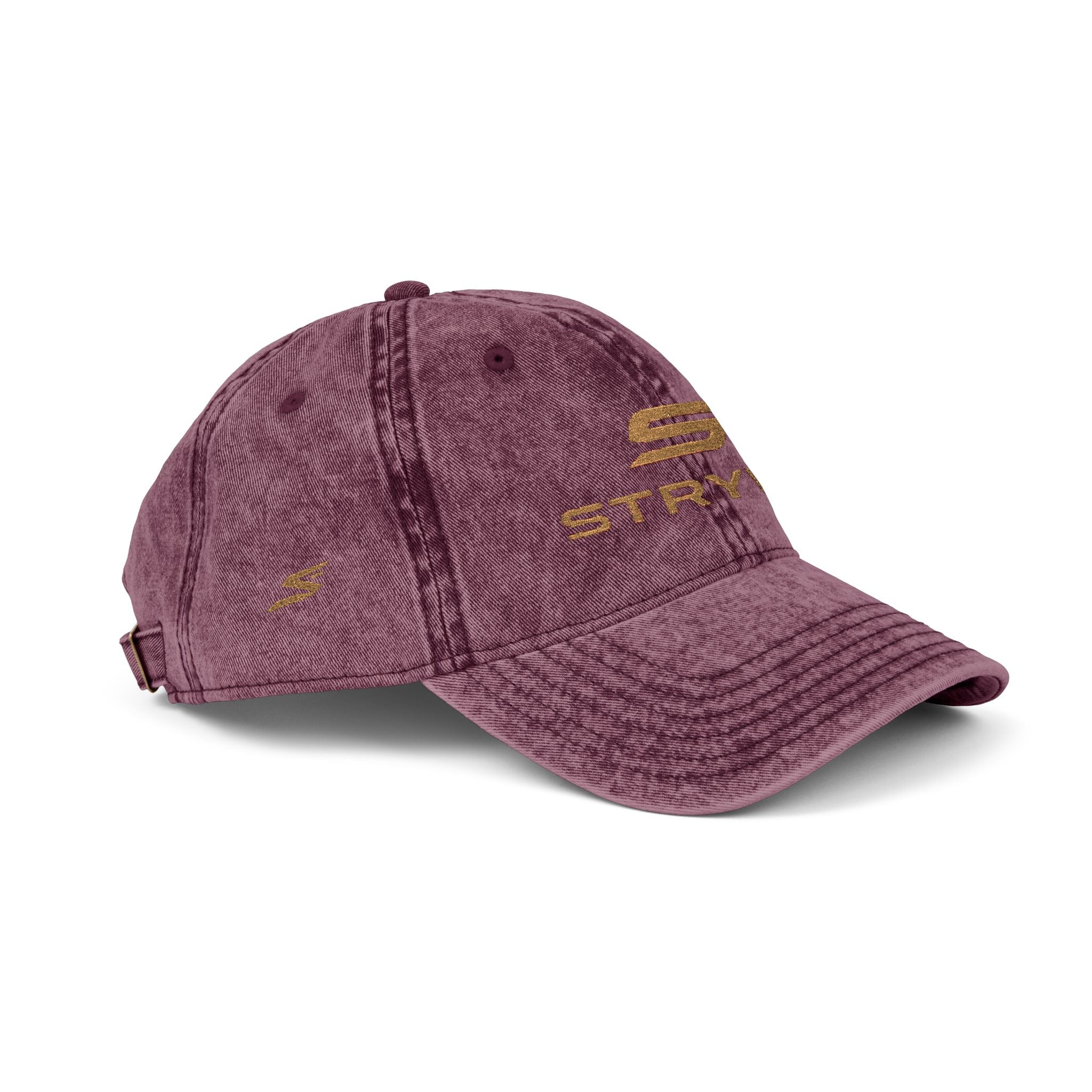 Vintage Embroidered Cap – Distressed Red Baseball Hat with Gold 'STRYVZ' Logo